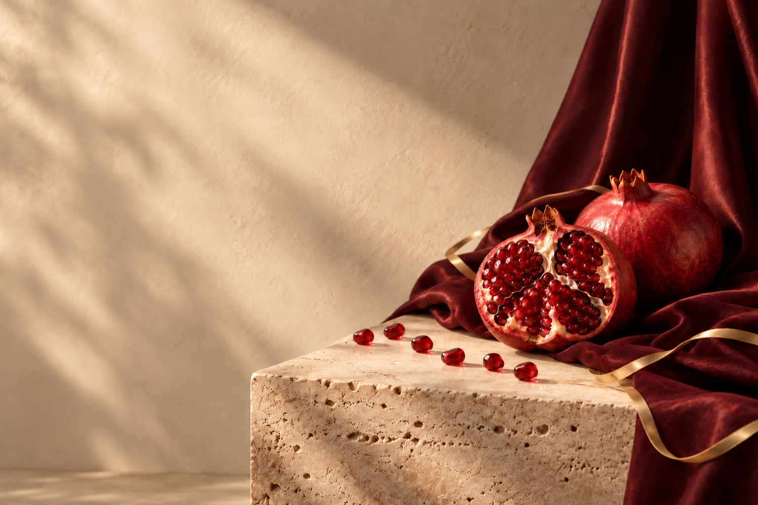 Pomegranate and six ruby seeds on a travertine pedestal, framed by burgundy silk