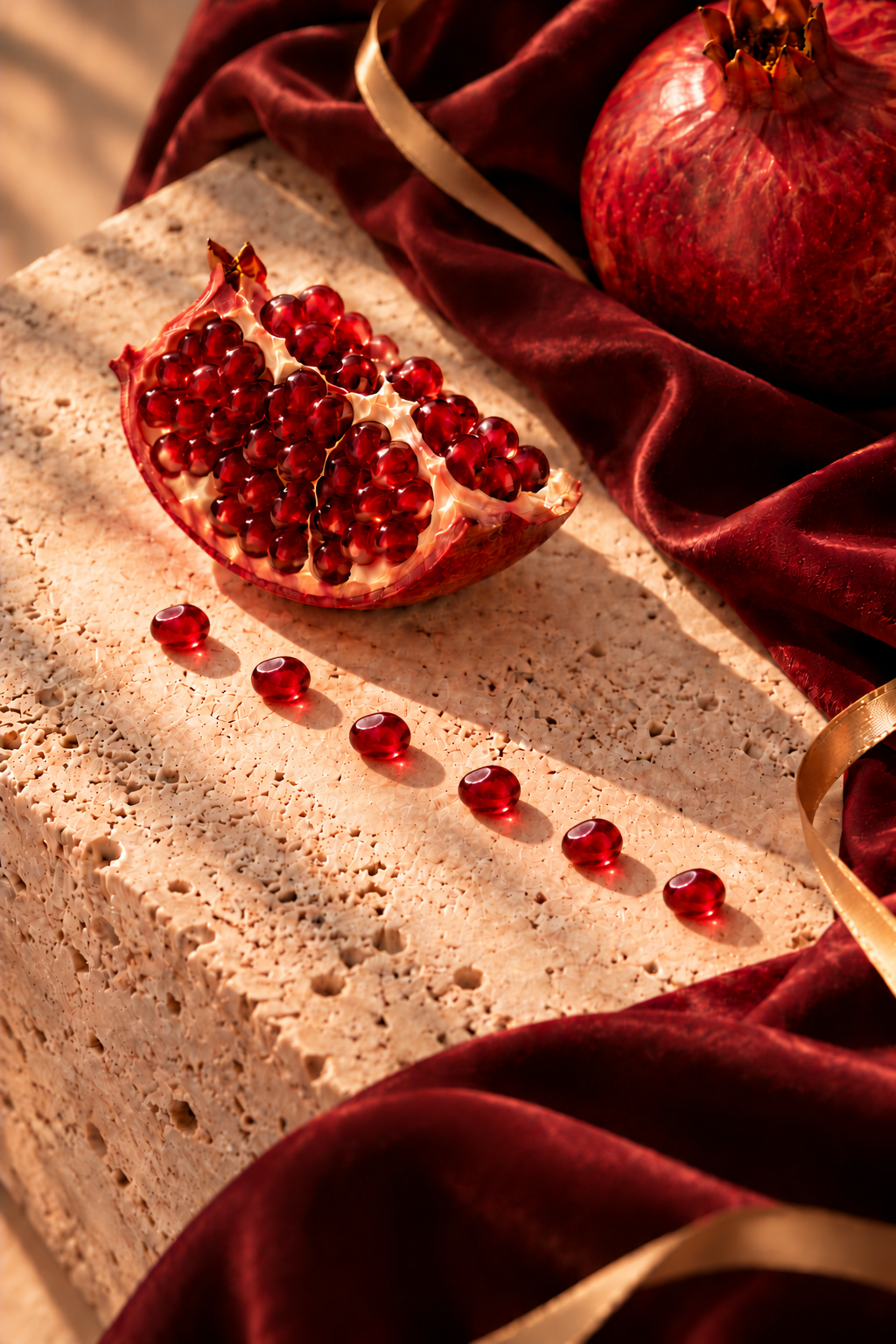 Pomegranate with six smaller ruby seeds arranged in a single diagonal row on travertine with burgundy silk